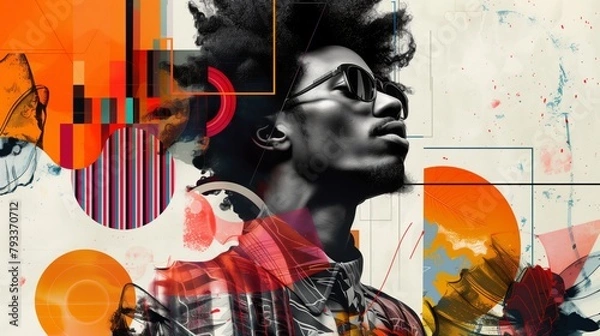 Fototapeta Striking digital collage depicting a stylish african american man with sunglasses, set against a modernist dynamic background, blending urban fashion with abstract art elements