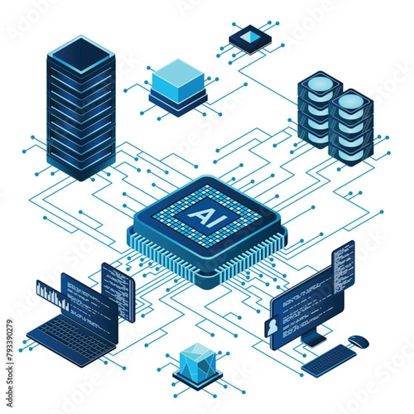 Obraz Isometric artificial intelligence chip concept. Artificial Intelligence server. Futuristic microchip processor. Isometric cloud computing. Vector illustration