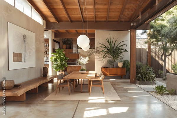 Fototapeta Streamlined Minimalist Dining Area in a Californian Bungalow, Accented with Earth Tones and Natural Wood Textures, Illuminated by Soft Afternoon Light