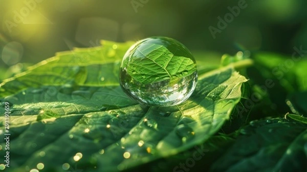 Fototapeta Carbon reduction inside water droplet on green leaf for for decrease CO2 ,