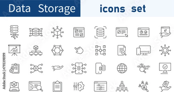 Fototapeta Set of  Data Storage web icons in line style. Data, device, design, digital, technology, home. illustration bundle . 
