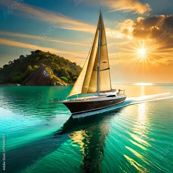 Fototapeta A stunning 3D render of a sleek, small yacht gliding gracefully on the calm, emerald-green sea