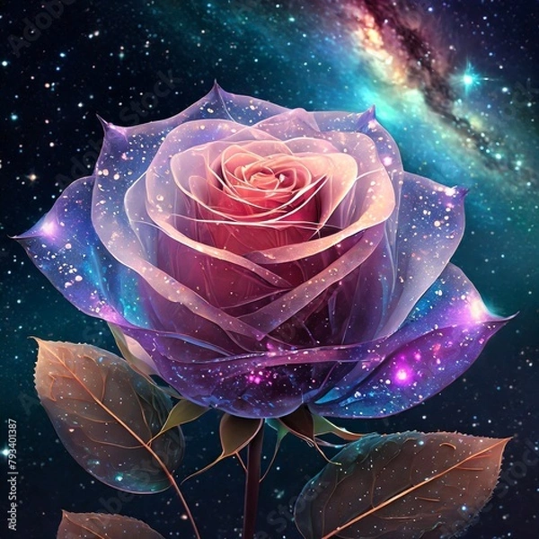 Fototapeta A stunning 3D render of a transparent, crystal rose floating gracefully against a deep, starry night sky