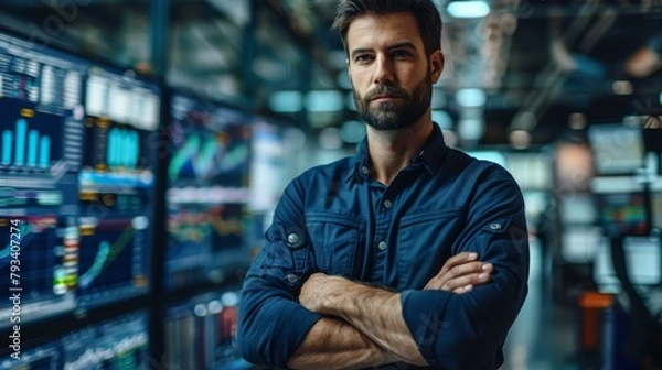 Obraz Confident man in navy blue shirt standing in front of multiple data-monitoring screens in a high-tech work environment.