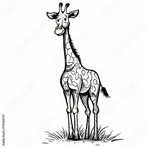 Fototapeta Black and white sketch of a cheerful giraffe in a whimsical style, isolated on white background.