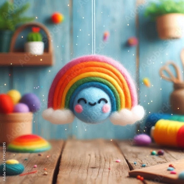 Fototapeta Colorful crocheted characters with a rainbow