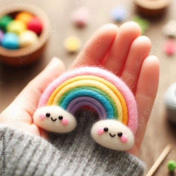 Fototapeta Colorful crocheted characters with a rainbow