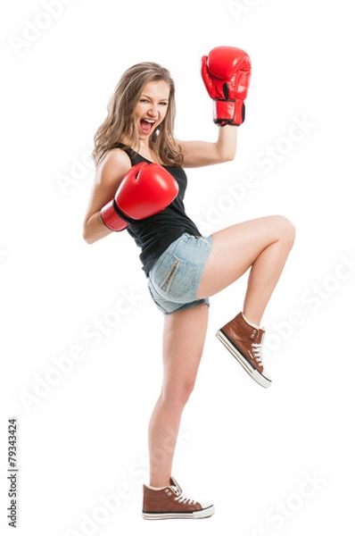 Obraz Beautiful female model with boxing gloves screaming