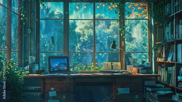 Fototapeta Chill Jungle Workspace: Lofi Anime Manga Style, Messy Desk, Colorful Study, Cozy Atmosphere