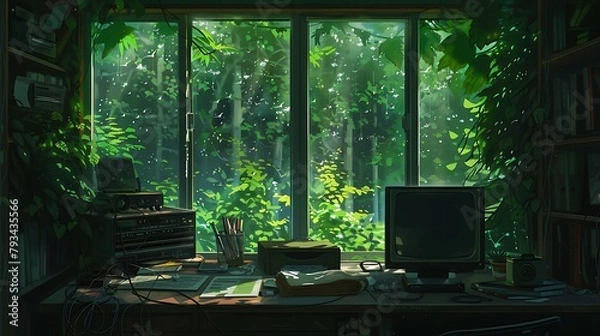 Obraz Jungle Desk Scene: Lofi Anime Manga Style, Messy Desk, Colorful Study, Cozy Chill Vibes