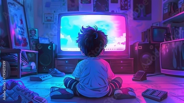Obraz Retro Anime Session: Nighttime TV Viewing in 90's Room, Pastel Colors, Cozy Atmosphere