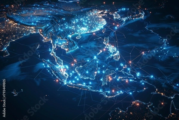 Obraz Digital Map of Indonesia Network Technology created with Generative AI