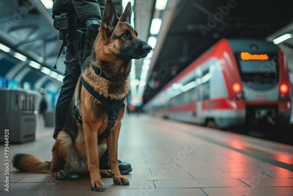 Fototapeta Security agent with a police dog in a train station platform
