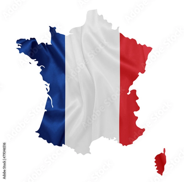 Obraz France - Waving national flag on map contour with silk texture
