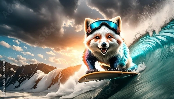 Fototapeta A mesmerizing image of an arctic fox skillfully riding a large wave on a surfboard