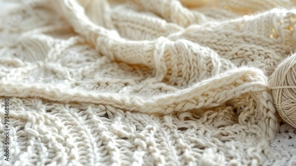 Fototapeta Close-up of textured cream knit fabric with yarn