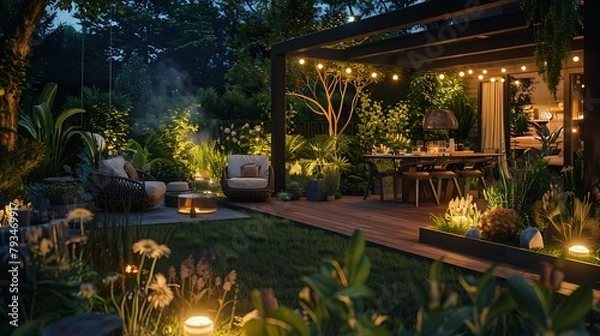 Obraz Modern Backyard Oasis: Summer Evening Vibes with Outdoor Lights, Plants, and Stylish Lounge and Dining Furniture