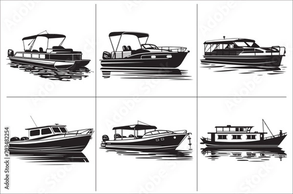 Fototapeta Pontoon boat black and white vector Illustration  of a white background.