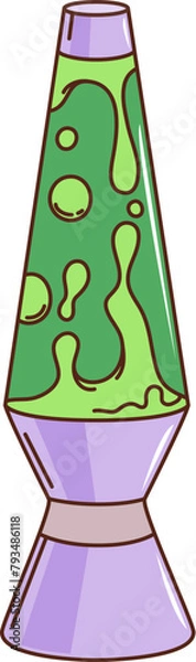 Obraz Cartoon retro groovy hippie lantern lamp. Isolated vector lava or magma psychedelic lighting equipment with green luminous, shining floating bubbles. Colorful glass bottle in vintage nostalgic style