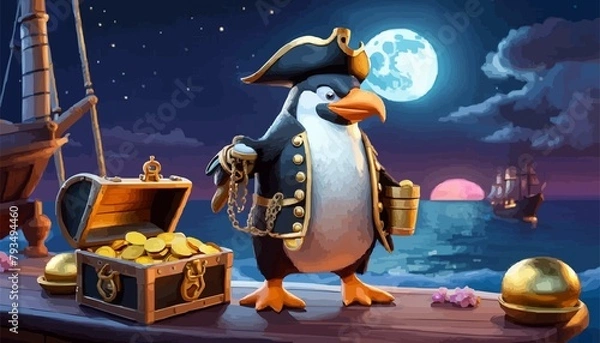 Obraz anthropomorphic penguin pirate with pirate hat on pirate ship full of gold coins. Generative AI