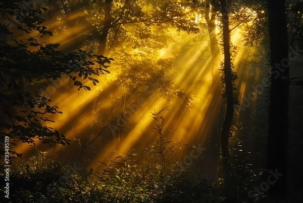 Fototapeta Shafts of golden light stream through the branches, creating a warm and inviting atmosphere in the forest