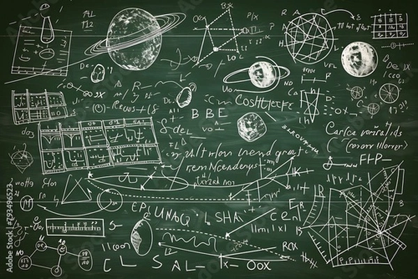 Fototapeta Intricate scientific chalkboard with a variety of mathematical notations and diagrams, featuring a celestial body. Generative AI