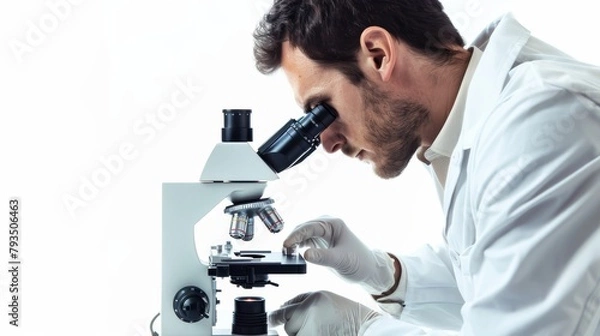 Fototapeta A biotech researcher in lab attire, examining samples under a microscope, appearing focused and curious, against a clean, white background, styled as an innovative scientific corporate study.