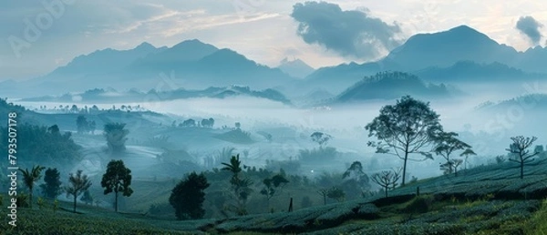 Fototapeta Here is the sentence you provided, "Panoramic vista of rolling hills covered in morning mist, distant tree silhouettes, tranquil and serene landscape, wide scenic view"