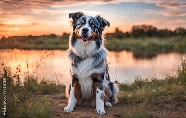 Fototapeta Australian shepherd puppy playing with owner and other dogs on the beach and in the grass ai
