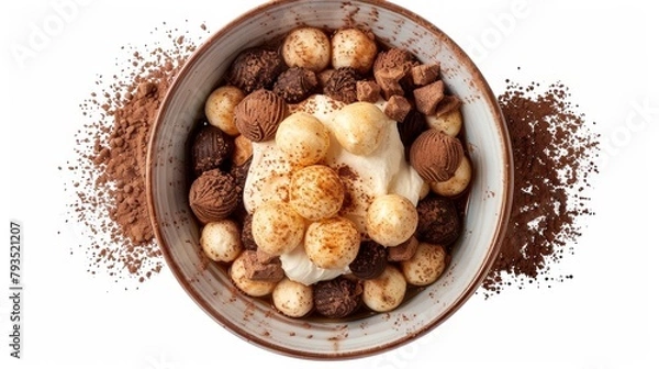 Obraz Top-down presentation of a Tiramisu, featuring soaked ladyfinger biscuits, lush mascarpone, and a cocoa dusting, ideal for dessert menus, isolated