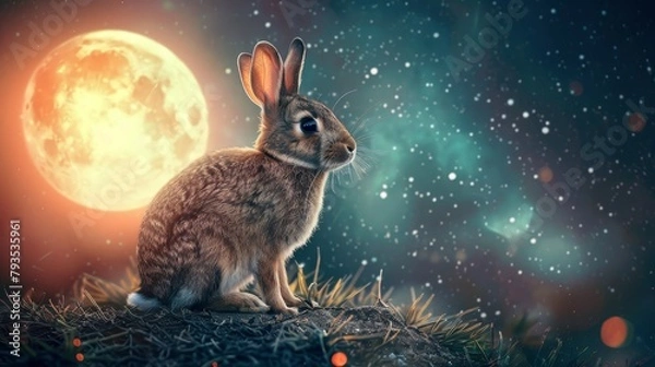 Fototapeta Captivating HD image of a rabbit exploring the moons surface, bathed in ethereal light, with a detailed, noisefree backdrop of space