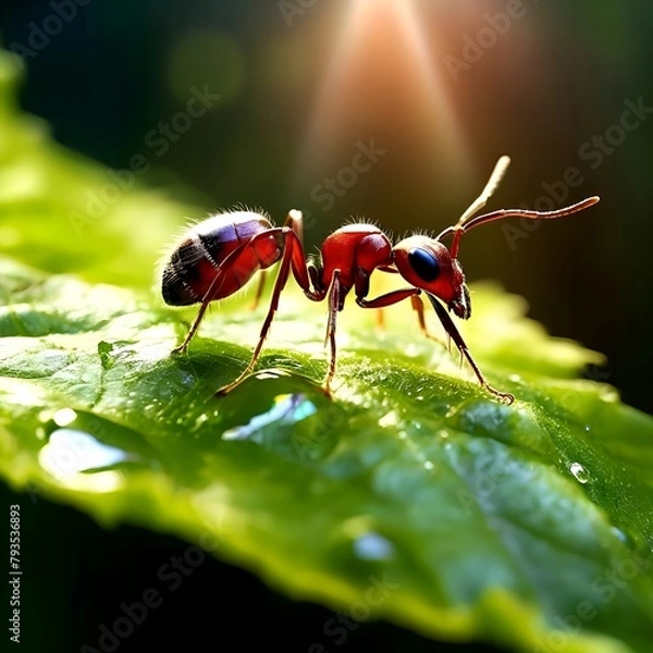 Obraz Large red ant closeup on a green leaf in the sun