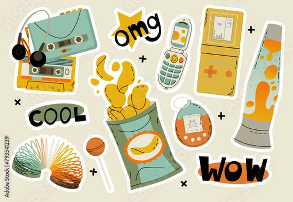 Fototapeta A set of y2k stickers in a modern flat style. Culture and attributes of the 90s and 00s. Toys, youth, nostalgia. Vector illustration isolated on a color background.