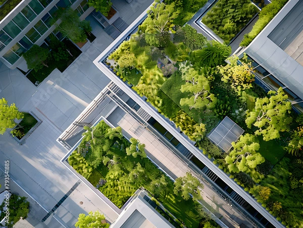 Fototapeta A green roof with trees and plants on top of a building. The roof is covered in vegetation and he is a part of a larger green space