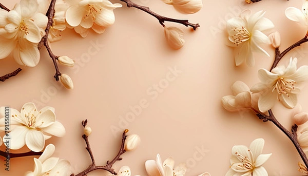 Fototapeta Vanilla leaf branch and flowers. Horizontal background for design, banner. Top view. Sunlight. 