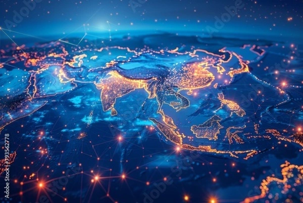 Fototapeta Digital Map of Asian Network Technology created with Generative AI