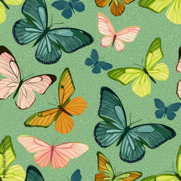 Fototapeta a seamless, vibrant background pattern of colorful butterflies in mid-flight, detailed textures of their wings