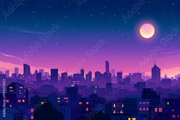 Obraz A night cityscape under a starry sky with a glowing moon, rendered in beautiful shades of twilight purples and pinks. Generative AI