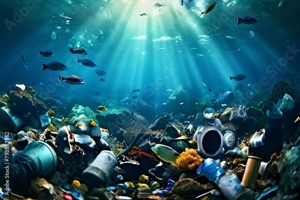 Fototapeta undersea or ocean bottom full of garbage and plastic waste as wide banner for environmental and recycle concepts.