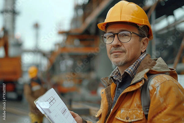 Obraz Civil engineer and construction worker manager with digital tablet and blueprints talking and planning on construction site Cooperation teamwork concept