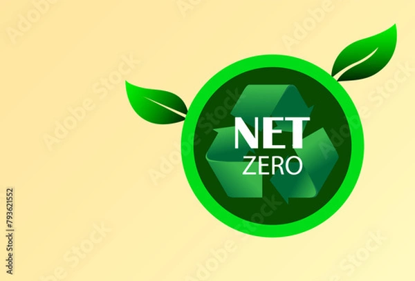Fototapeta Net zero and carbon neutral concept. Green recycling symbol with the words net zero. CO2 level gauge percentage reduced to 0 Net Zero.