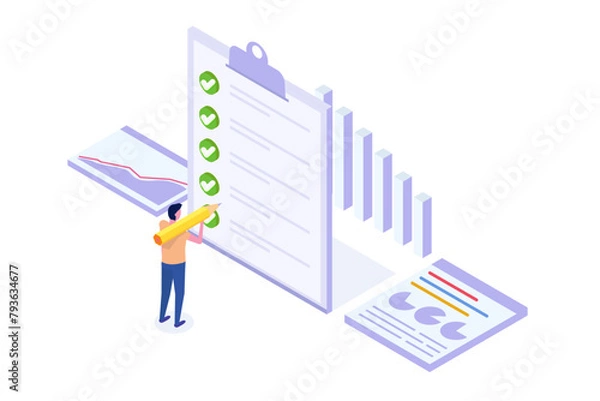 Fototapeta Complete project task, getting things done, business accomplishment concept. Isometric Vector illustration.