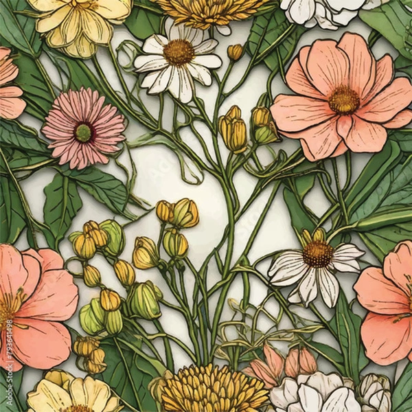 Obraz Tropical flowers, plants, leaves and flamingos. Hawaiian flowers for background, Vector illustration of exotic pattern,  wallpaper or poster