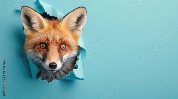 Fototapeta A humorous fox peers through a ripped hole in a contrast pastel color paper background, Ai Generated