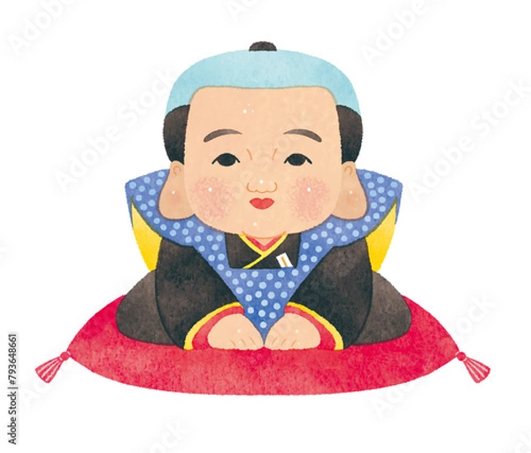 Obraz かわいい福助人形　縁起物　水彩　ツヤあり