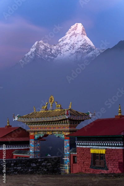 Fototapeta Sunset shot of Buddhism Temple with Ama dablam in the background in Tengboche, Khumbu, Nepal
