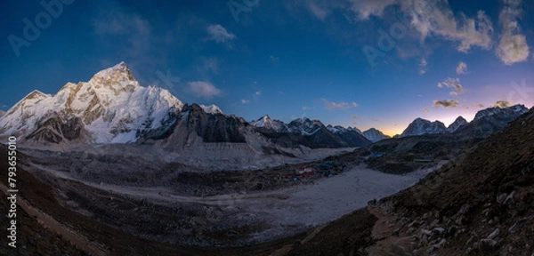 Fototapeta Panoramic view over Khumbu glacier, gorak shep village, Everest base camp, Nuptse and Lhotse after sunset, 