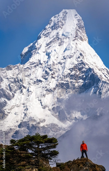 Fototapeta Person in front of huge wall of Ama Dablam mountain in Khumbu, Nepal