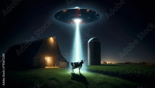 Fototapeta A UFO hovers over a cow in a field at night.