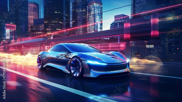 Fototapeta Futuristic car speeds through a neon-lit cityscape, encapsulating the essence of speed, innovation, and modern automotive design.